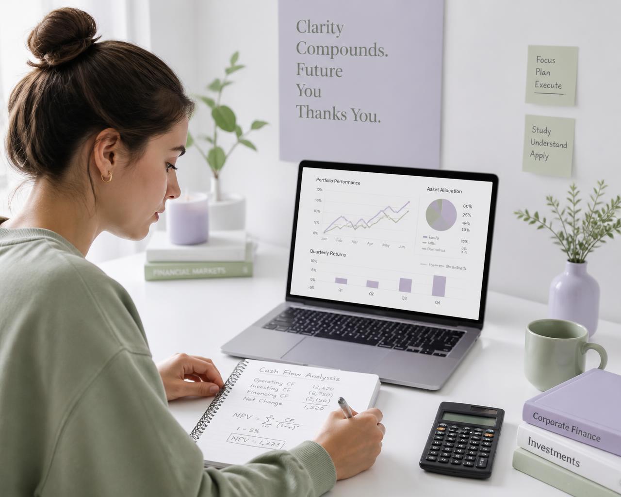 Australian university student analysing finance charts and cash flow calculations on a laptop